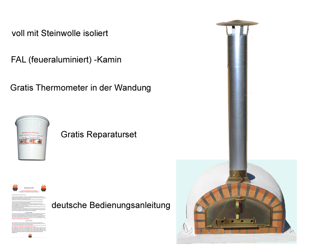 Holzbackofen Pizzaioli mit Kaminrohr, regenhut und Wandthermometer, sowie Reparaturkit für Haarrisse